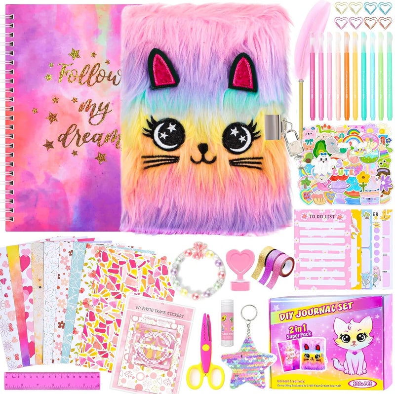 OFFIGIFT 2-Pack DIY Journal Kit for Girls Ages 8-12 13 14 Year Olds, Birthday Gifts for Teen Girls, 110pcs Cute Scrapbook Supplies Stationary, Journaling Art Crafts Trendy Stuff for Kids, Cat Diary with Lock - Image 1